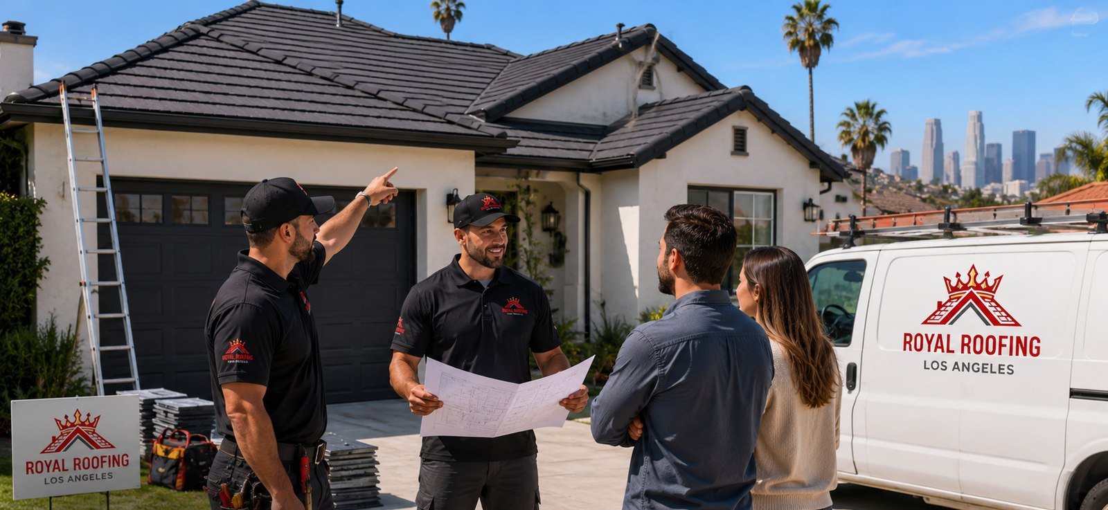 Benjamin Hayes and the Royal Roofing Los Angeles crew reviewing plans in front of a clay tile-roof home in the Arts District, with the Downtown LA skyline visible behind them and the branded service van in the driveway